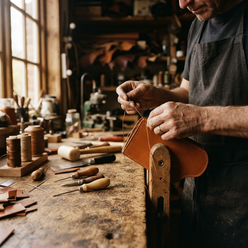 An artisan hand-stitching leather at the Wogah workshop